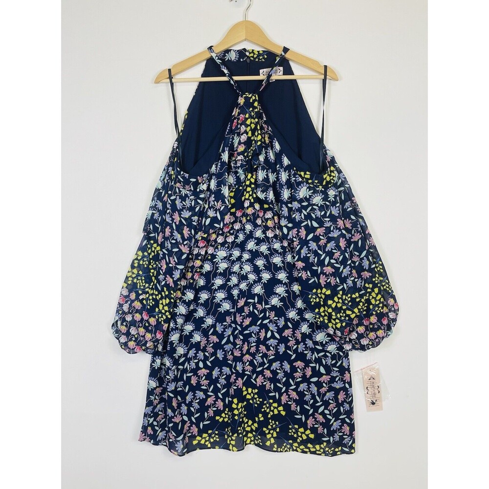 NEW Nanette Lepore Dress Womens 4 Floral Cold Shoulder Navy Blue Airy Romantic